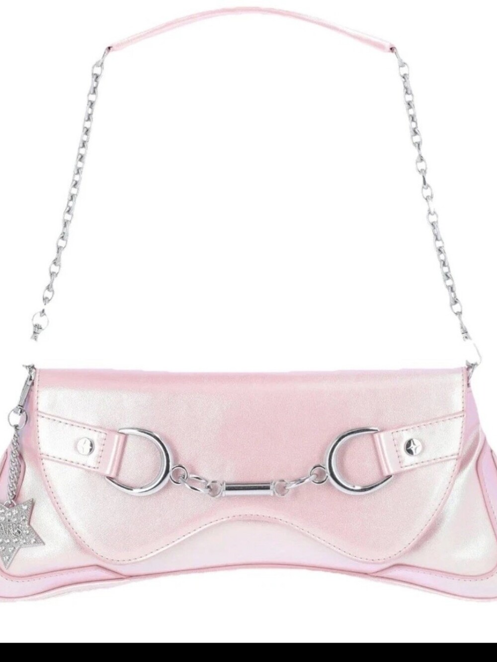 Paris Hilton Pink Metallic Shoulder Clutch with Silver Chain